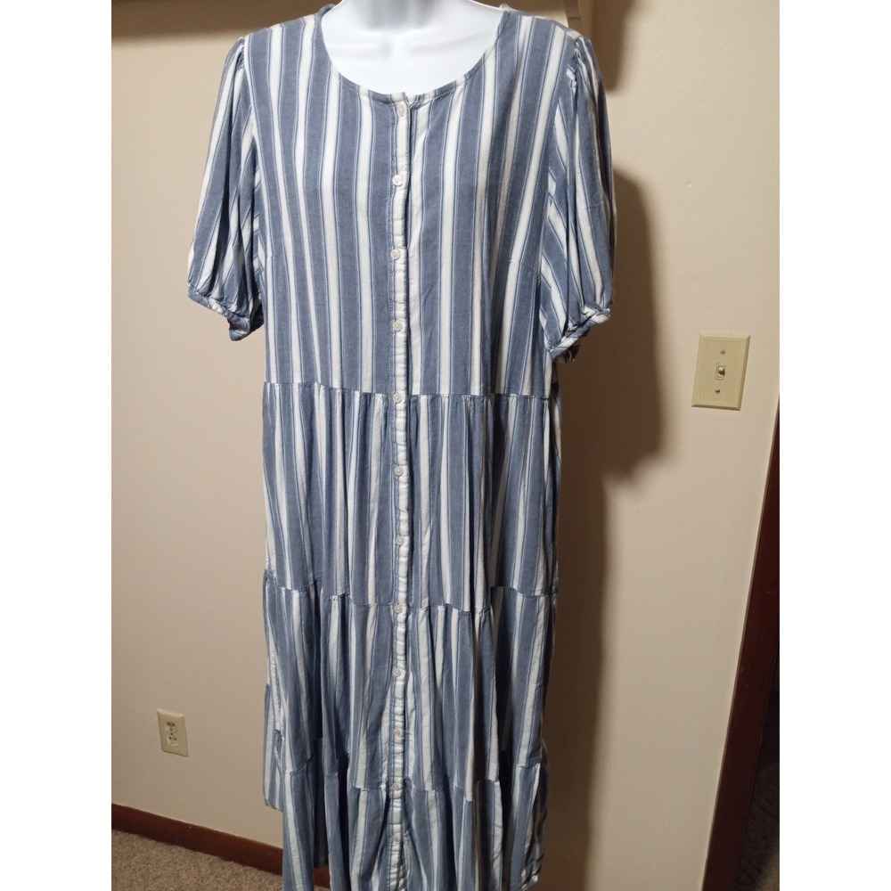 Old Navy Blue White‎ Striped Tiered Maxi Dress Short Sleeve Button Front Large